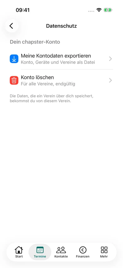 Eigene Daten und Konto – iPhone, Originalaufnahme mit fiktiven Vereinsdaten.