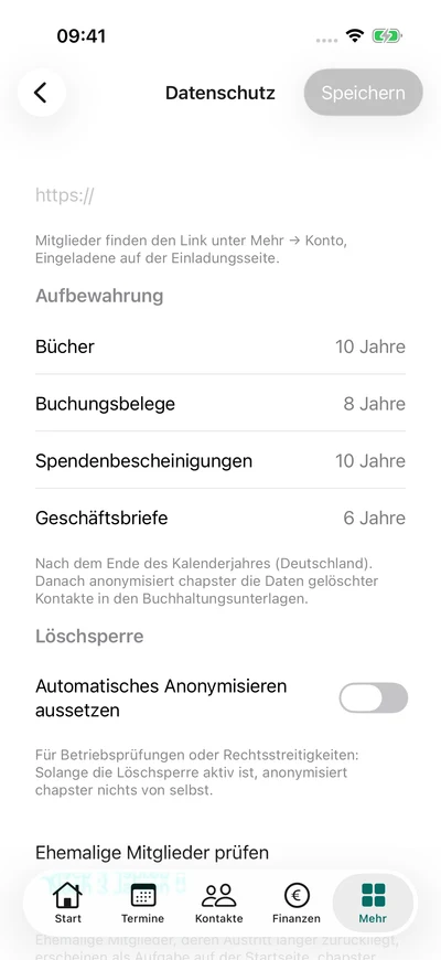 Aufbewahrung einstellen – iPhone, Originalaufnahme mit fiktiven Vereinsdaten.