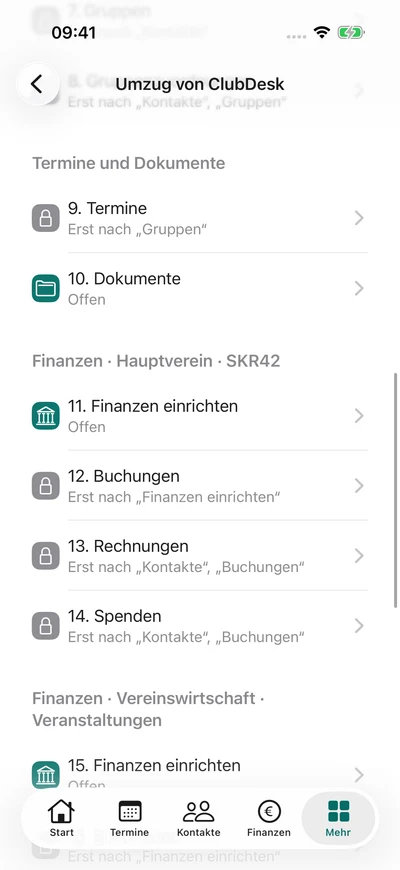 Umzug Schritt für Schritt – iPhone, Originalaufnahme mit fiktiven Vereinsdaten.