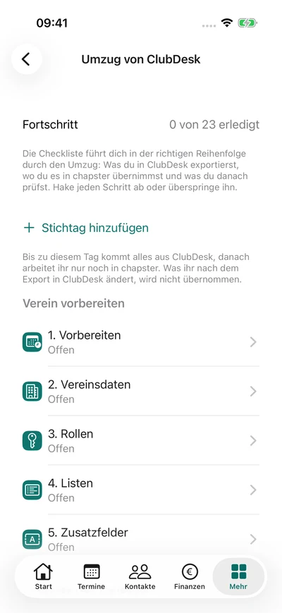 Umzug Schritt für Schritt · Beginn der Checkliste – iPhone, Originalaufnahme mit fiktiven Vereinsdaten.