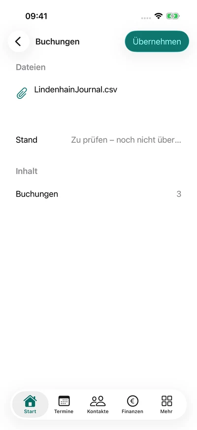 Buchungsimport prüfen – iPhone, Originalaufnahme mit fiktiven Vereinsdaten.