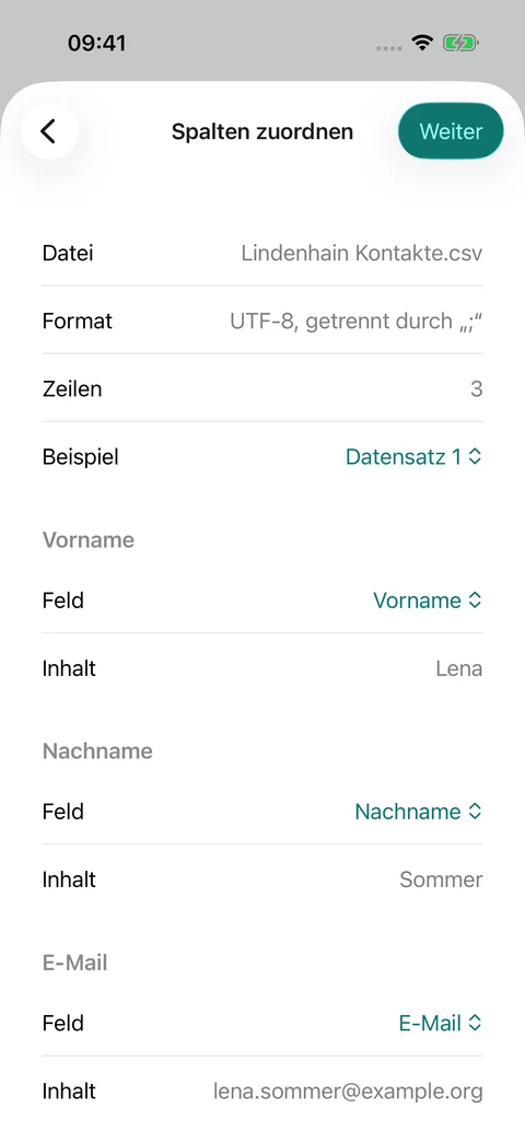Kontakte importieren · Feldzuordnung