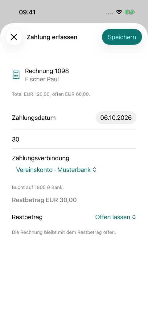 Teilzahlung zuordnen · Weiterer Bildschirmbereich