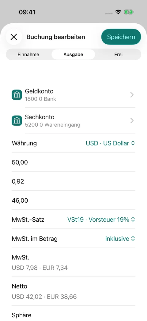 Buchung mit Währung und Steuer
