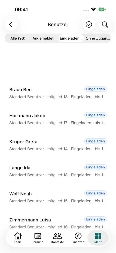 Benutzer und Einladungen · Einladungen