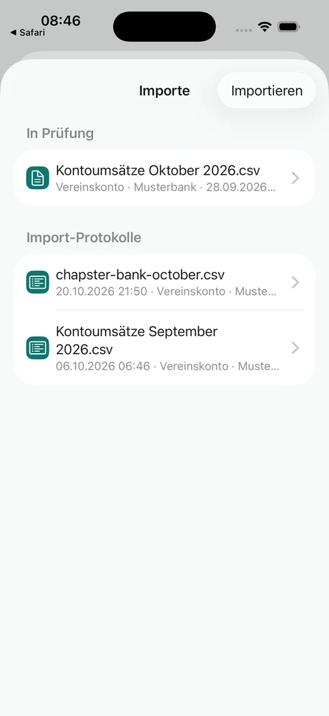 Tatsächliche Bank-Importprotokolle