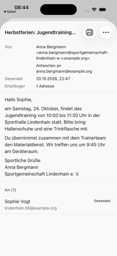 Anna an Sophie: lokale Vereins-E-Mail