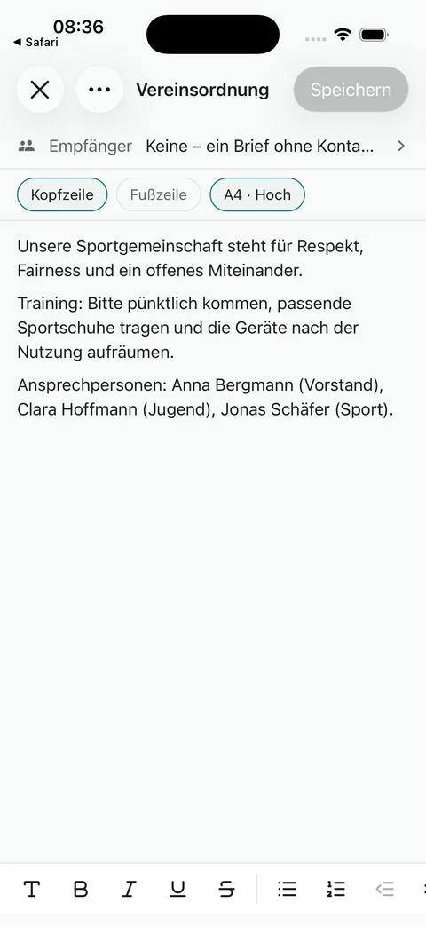 Die Vereinsordnung im iOS-Editor