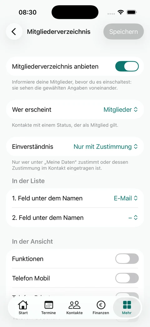 Freigaben im Mitgliederverzeichnis