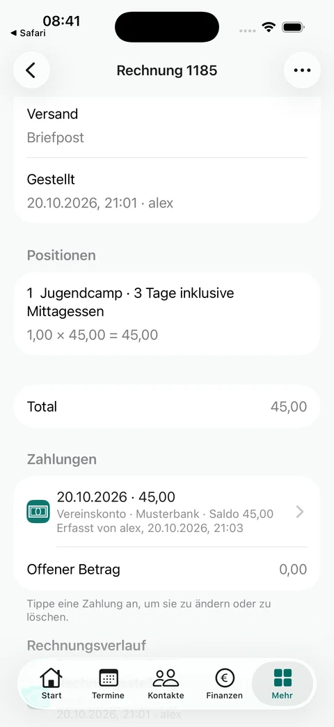 Zahlung und Restbetrag prüfen
