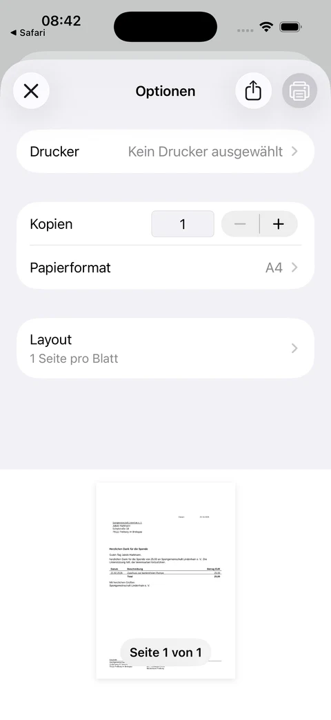 Dankesbrief im iOS-Druckdialog