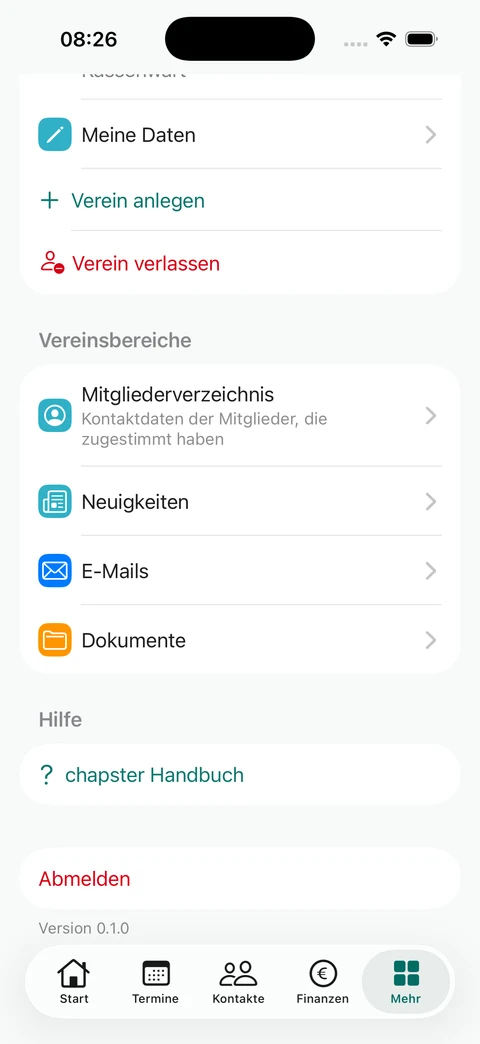 Mehr: Vereinsbereiche und Hilfe